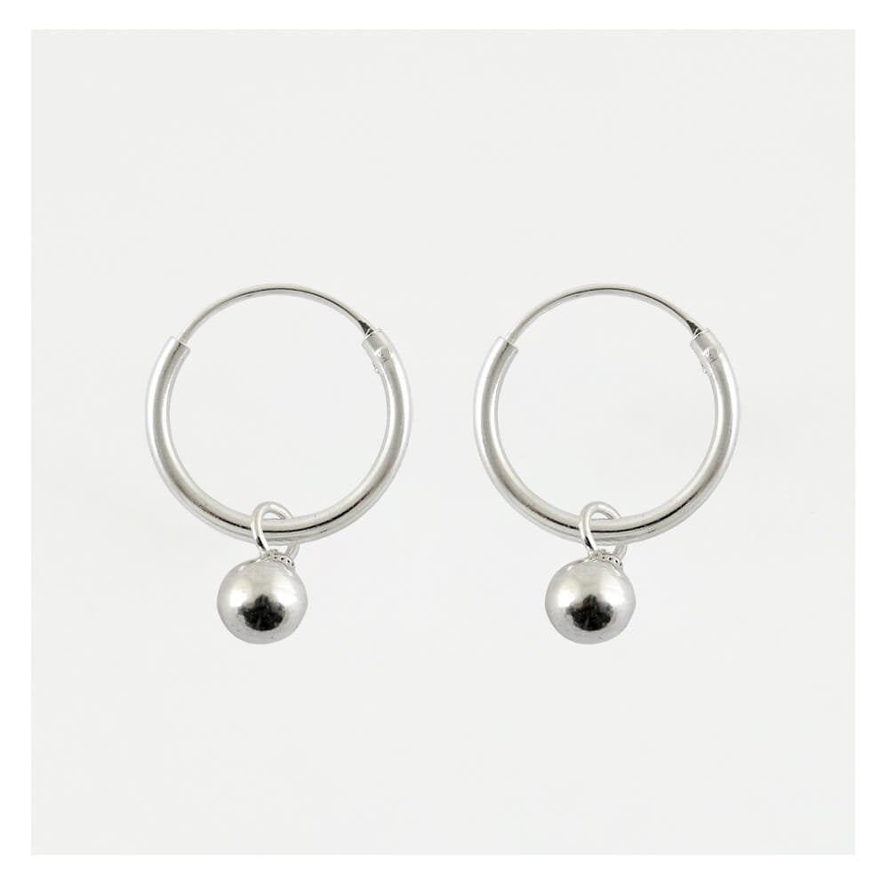 Silver Bead Dangle Hoops Earrings - 12mm