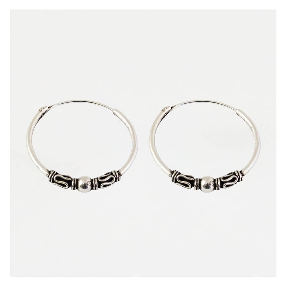 Silver Weave and Ball Hoop Earrings - 18mm