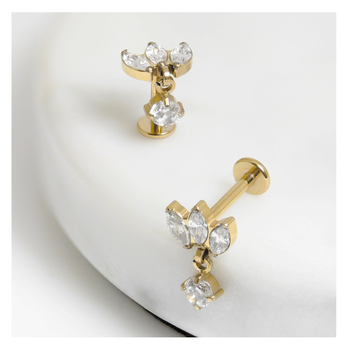 Gold PVD Titanium Marquise Clawset Labret with Drop