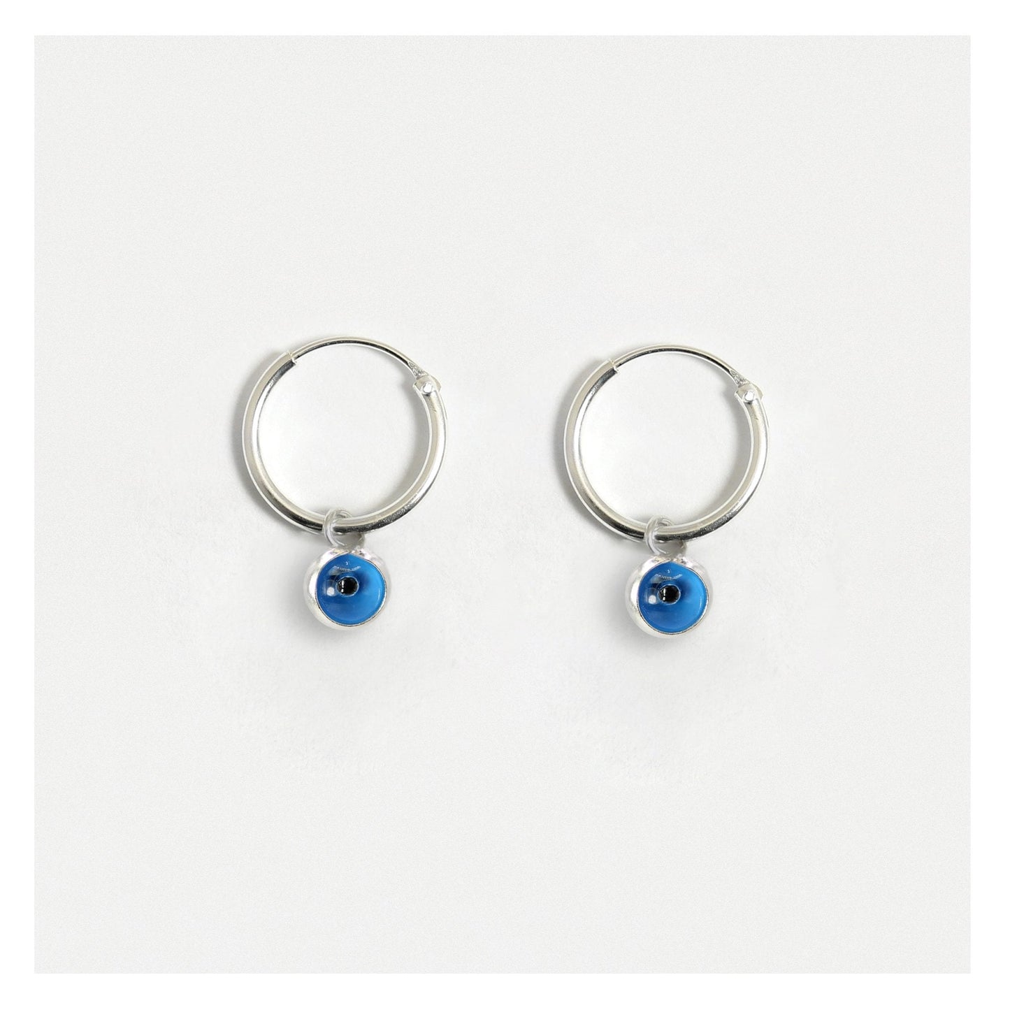 Silver Turquoise Evil Eye Hoop Earrings - 12mm