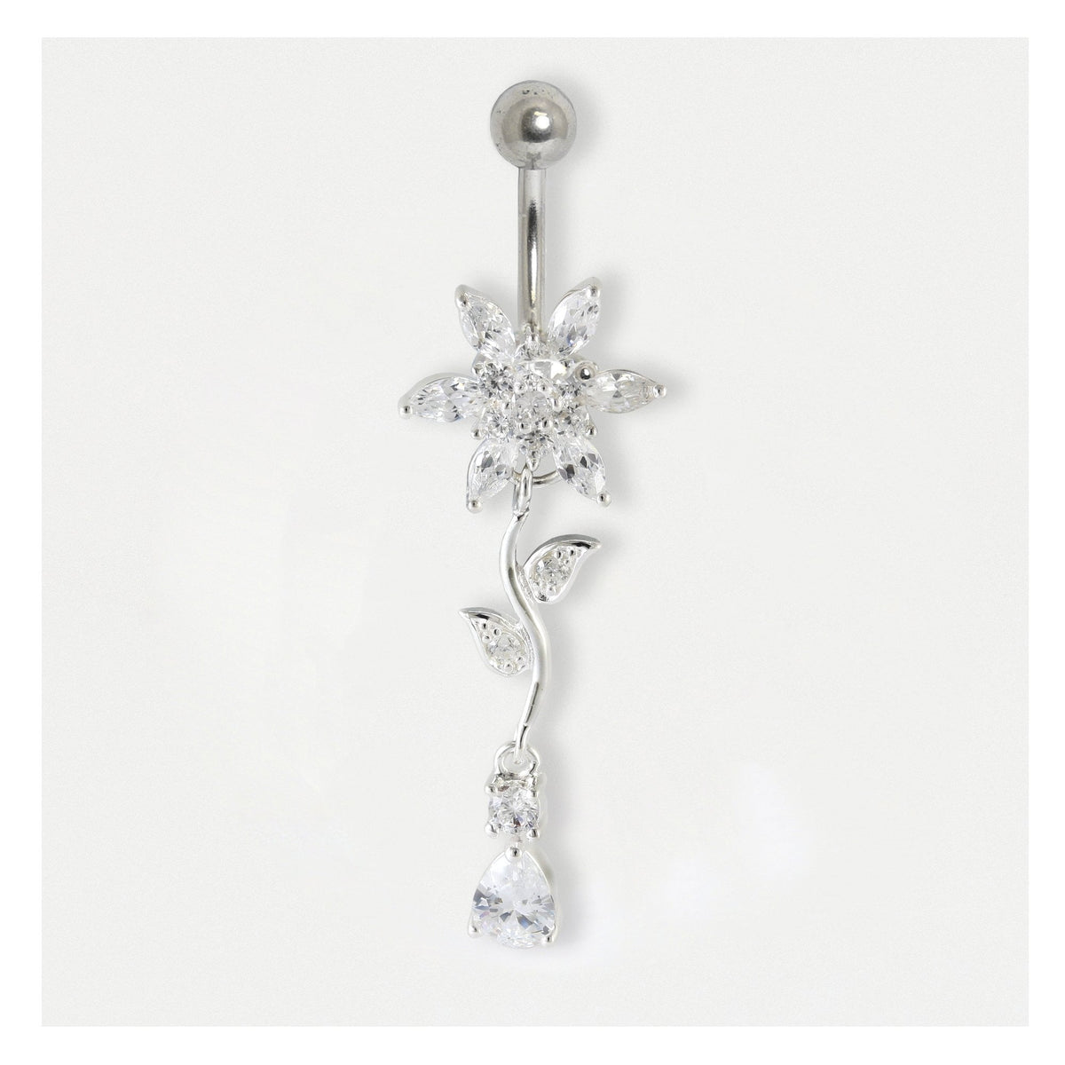 Steel Gemset Flower Dangle Belly Bar