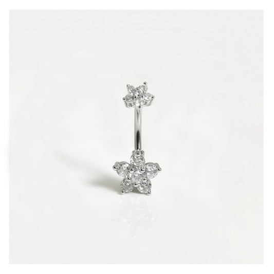 Double Gemset Flower Belly Bar