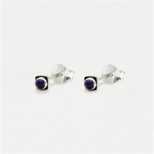 Handmade Silver Indian Ear Studs with Square Semi-Precious Stones - 3mm