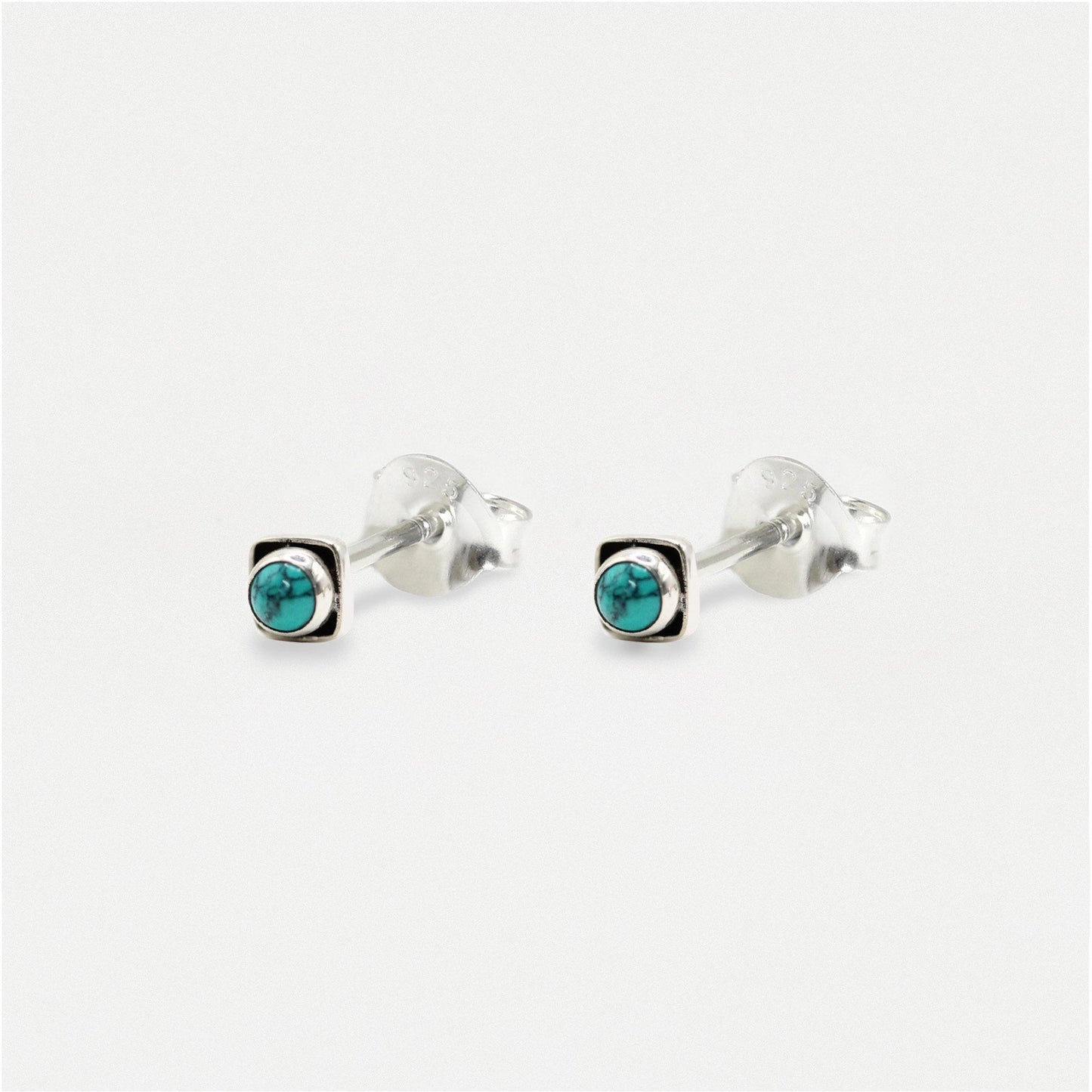 Handmade Silver Indian Ear Studs with Square Semi-Precious Stones - 3mm