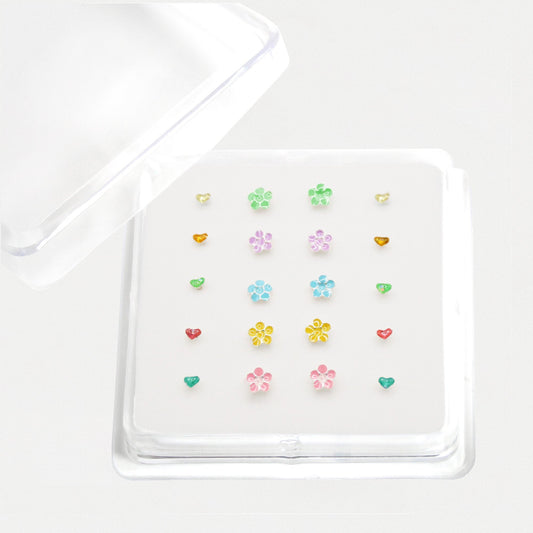 Silver Rainbow Hearts & Flowers Nose Pins - Assorted Colours