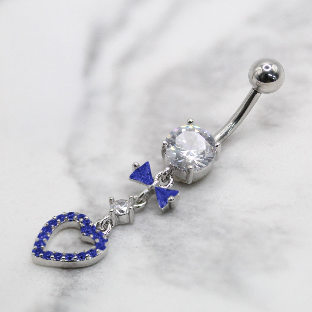 Steel Diamond Bow Heart Navel Bar