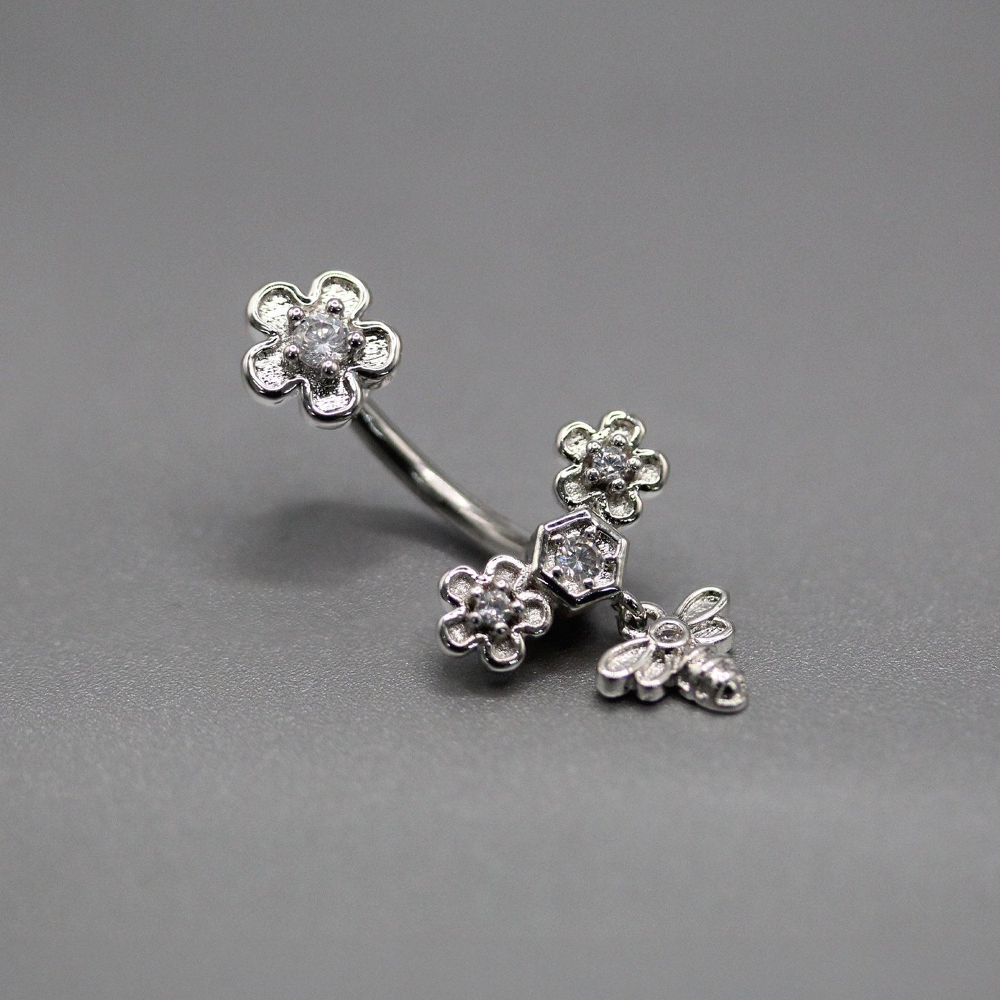 Steel Floral & Honey Bee Dangle Belly Bar