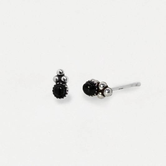 Silver Black Onyx Triple Bead Stud Earrings