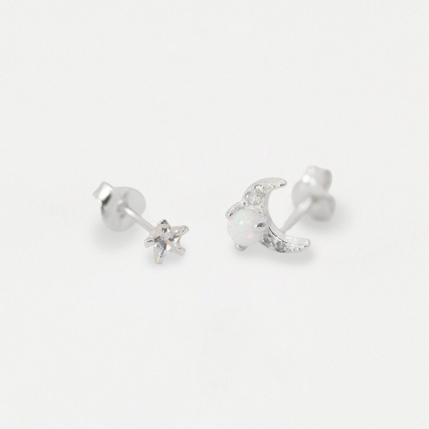 Silver Crystal Star & Pave Moon Opal Ear Studs