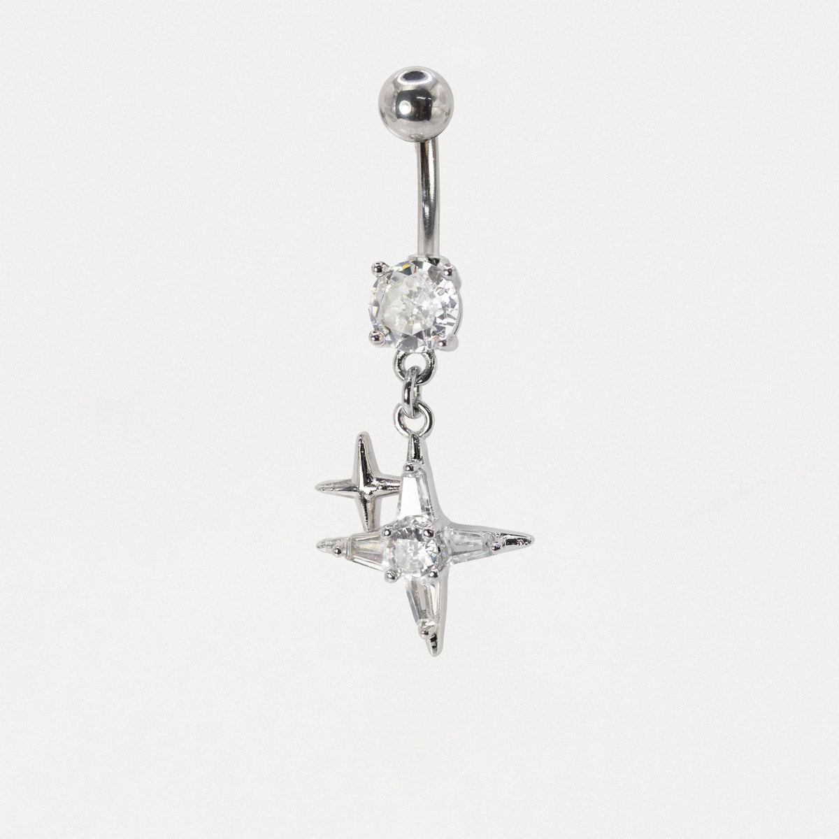Steel Gemset Double Sparkle Star Drop Navel Bar