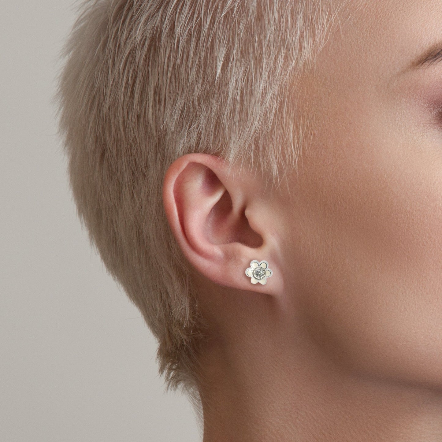 Silver Crystal Enamel Daisy Ear Studs - 8mm