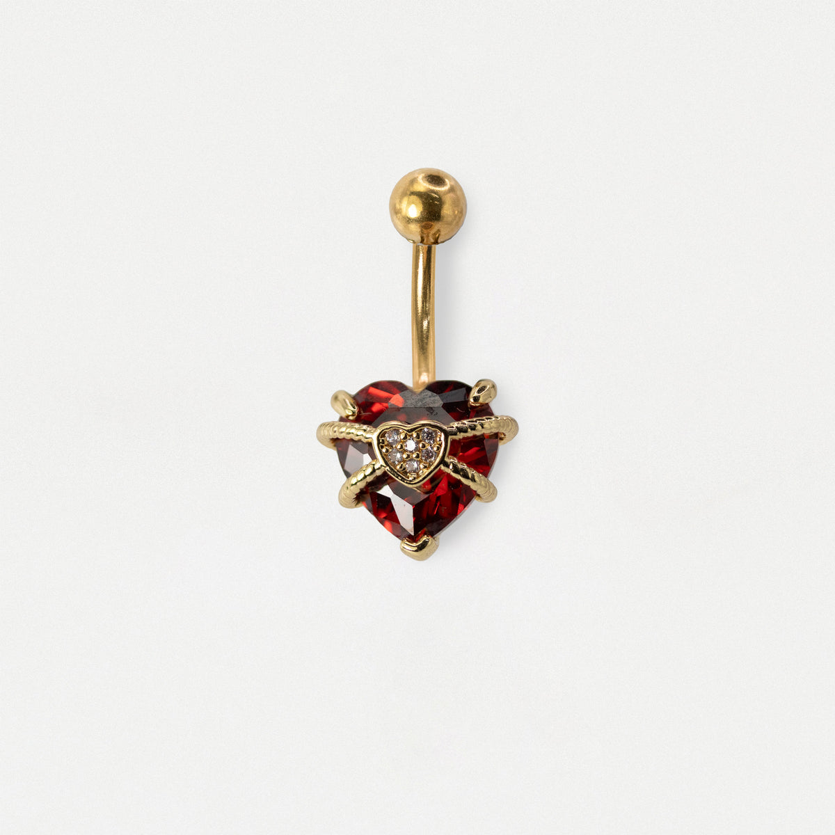 Gold PVD Steel Ruby & Crystal Pavé Double Heart Belly Bar