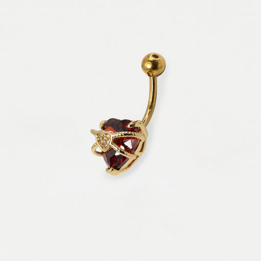 Gold PVD Steel Ruby & Crystal Pavé Double Heart Belly Bar