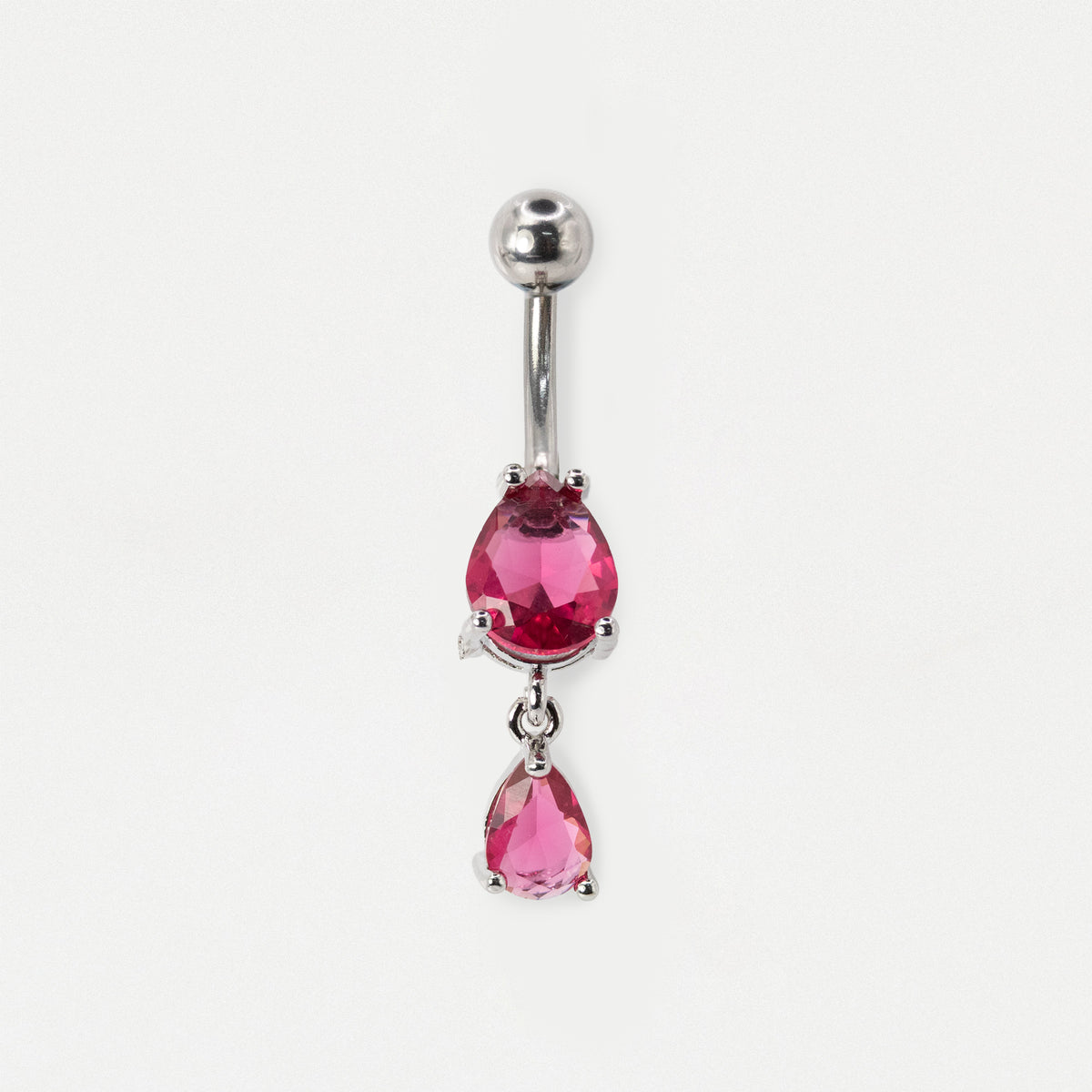 A steel belly button ring featuring two dangling teardrop-shaped pink fuchsia gemstones in a prong setting, shown against a plain white background.