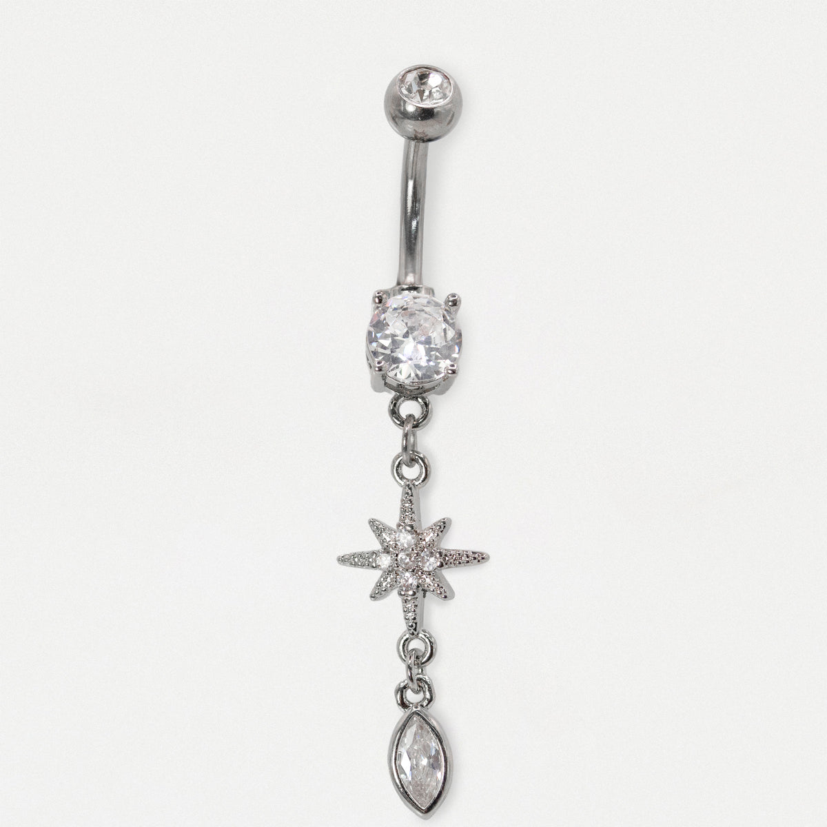 Steel Crystal Starburst & Teardrop Dangle Navel Belly Bar