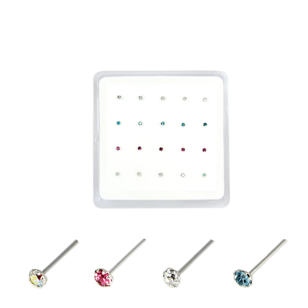 Silver Round Claw Set Nose Pins - 2mm, Assorted Colours