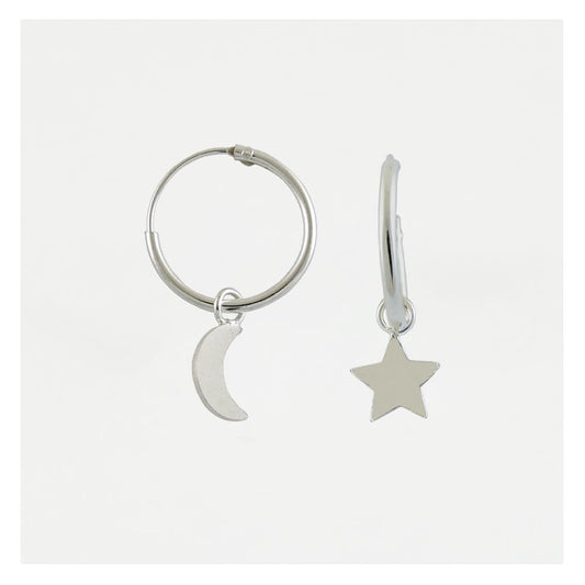 Silver Dangly Star & Crescent Hoop Earrings - 12mm