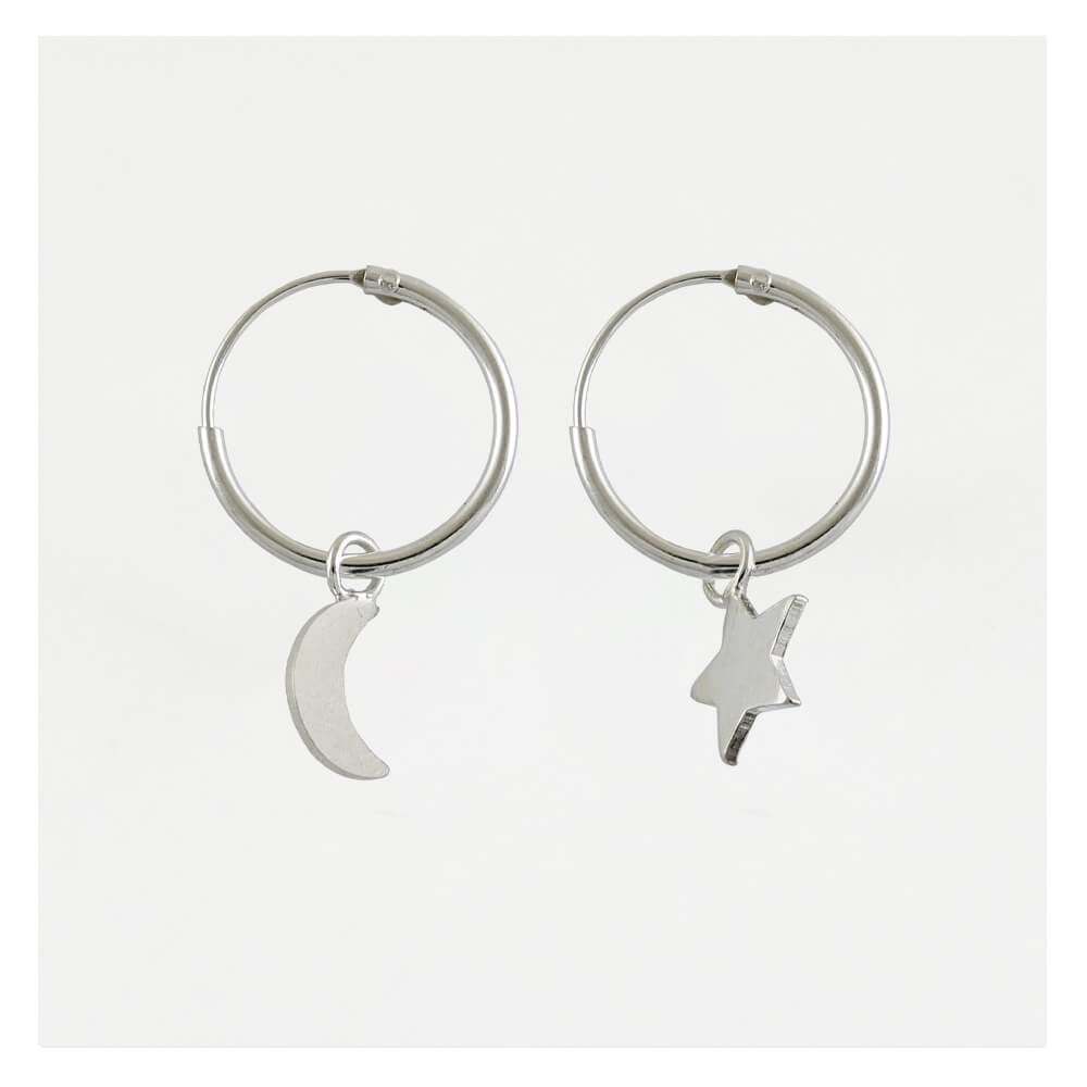 Silver Dangly Star & Crescent Hoop Earrings - 12mm