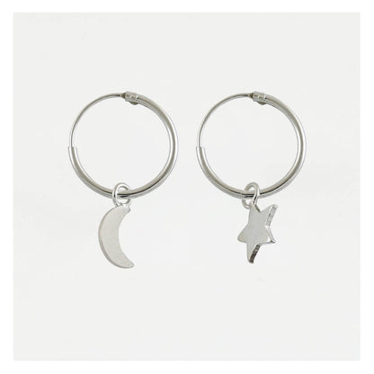 Silver Dangly Star & Crescent Hoop Earrings - 12mm