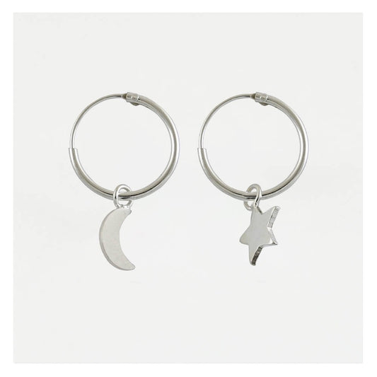 Silver Dangly Star & Crescent Hoop Earrings - 12mm