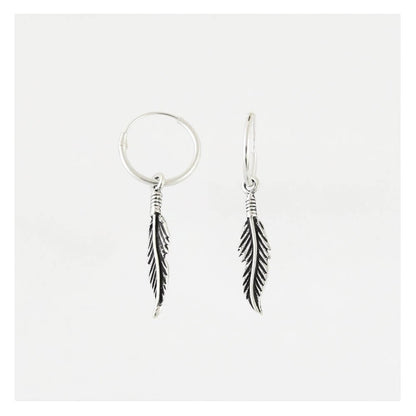 Silver Dangly Quill Feather Hoop Earrings - 12mm