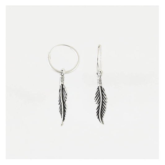 Silver Dangly Quill Feather Hoop Earrings - 12mm