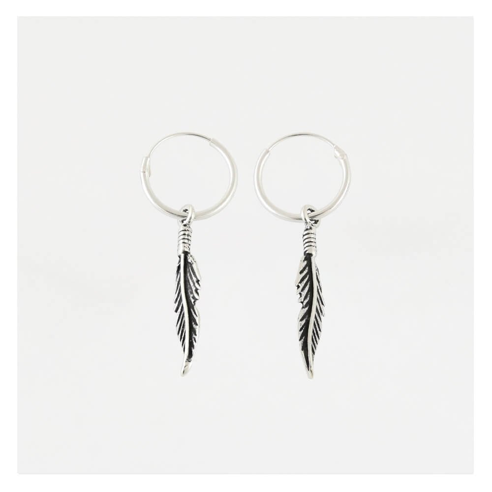 Silver Dangly Quill Feather Hoop Earrings - 12mm