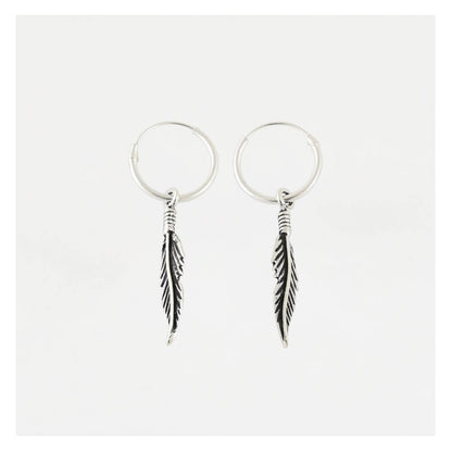 Silver Dangly Quill Feather Hoop Earrings - 12mm