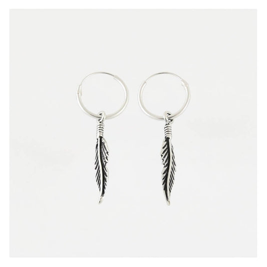 Silver Dangly Quill Feather Hoop Earrings - 12mm