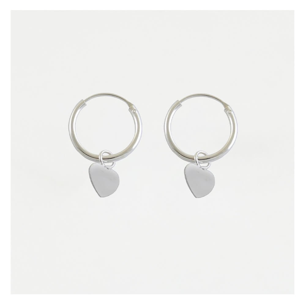 Silver Heart Charm Hoop Earrings - 12mm