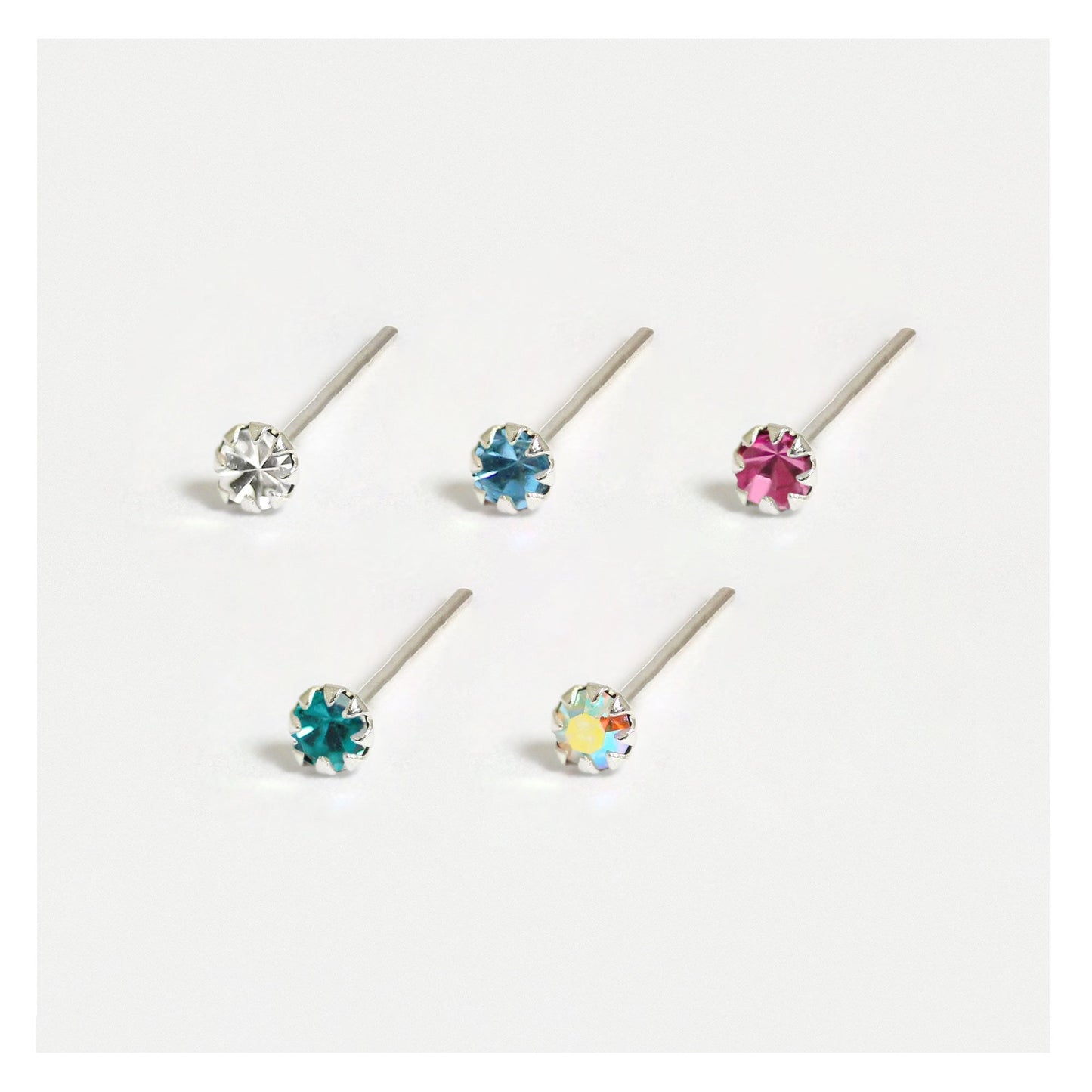 Silver Round Claw Set Nose Pins - 2mm, Assorted Colours