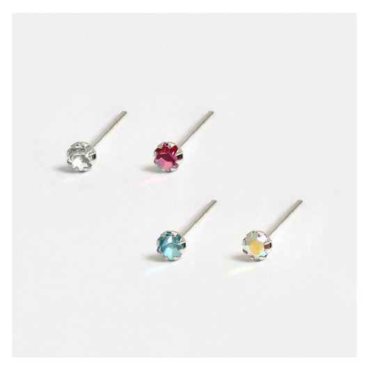 Silver Round Clawset Crystal Nose Pins - 2mm, (Single Colour Boxes)