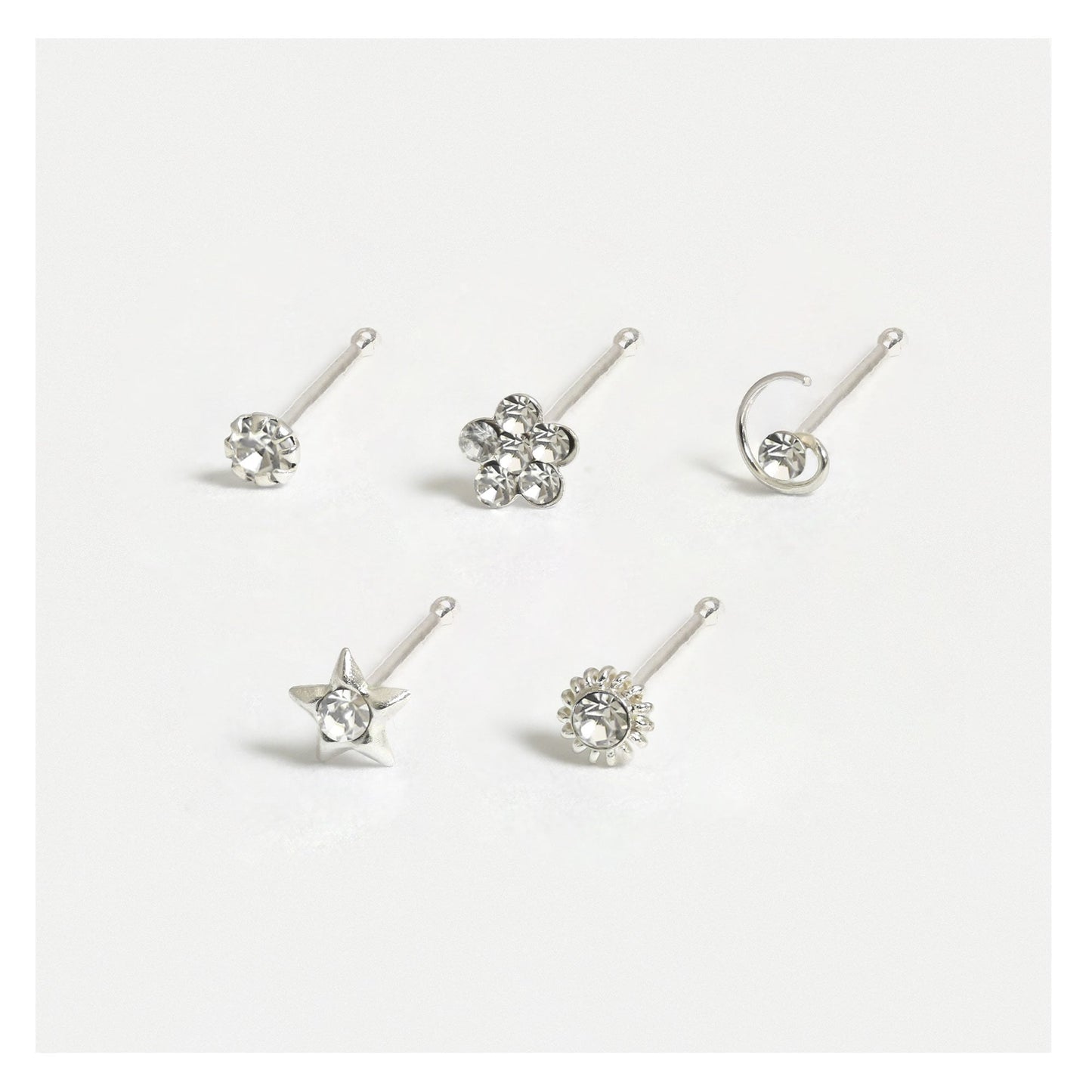 Silver Gemset Nose Pins - Mixed Designs, Straight or Bobble Back (Single Colour Boxes)