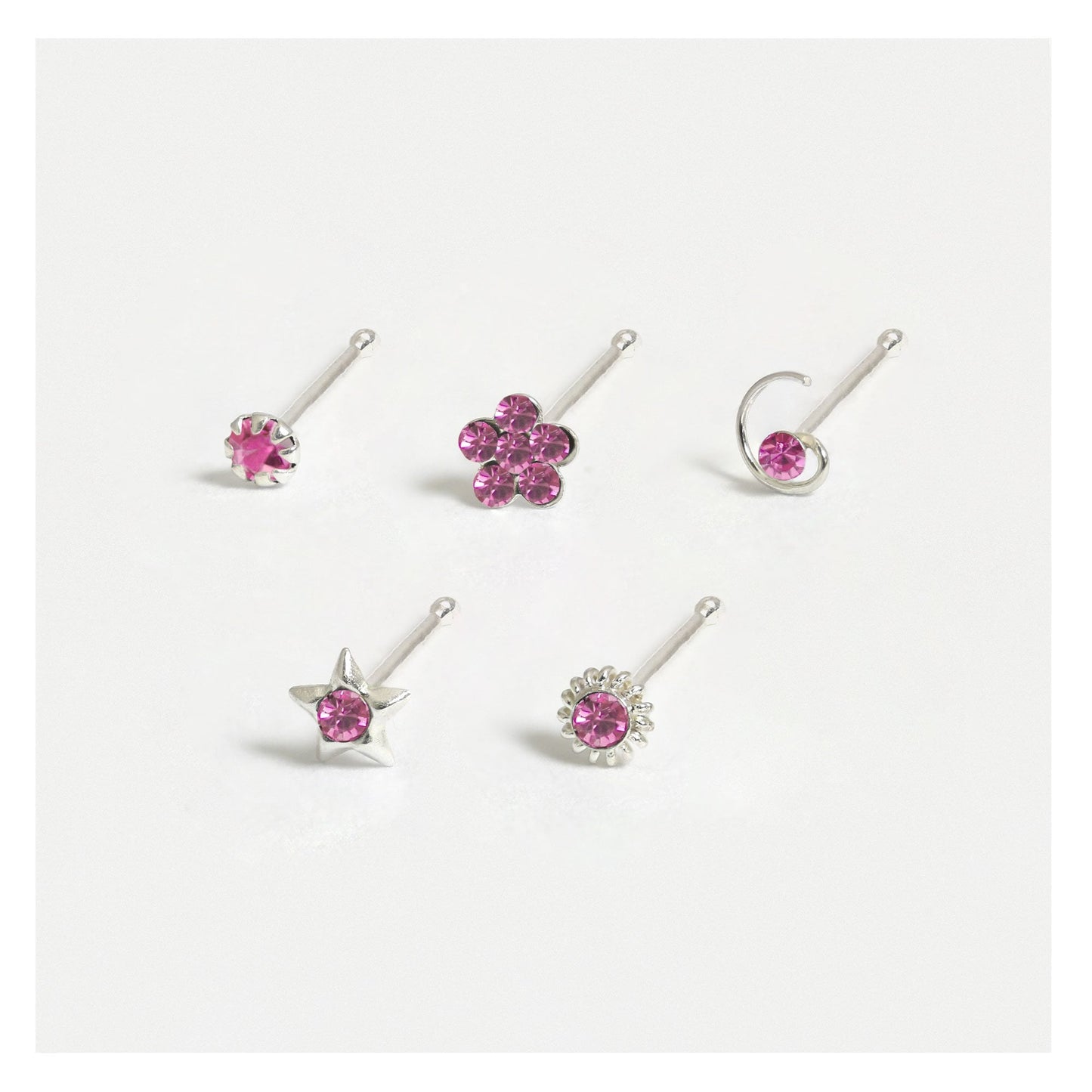 Silver Gemset Nose Pins - Mixed Designs, Straight or Bobble Back (Single Colour Boxes)