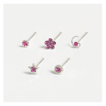 Silver Gemset Nose Pins - Mixed Designs, Straight or Bobble Back (Single Colour Boxes)