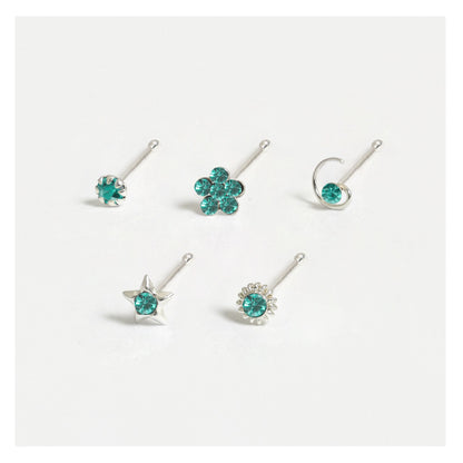 Silver Gemset Nose Pins - Mixed Designs, Straight or Bobble Back (Single Colour Boxes)