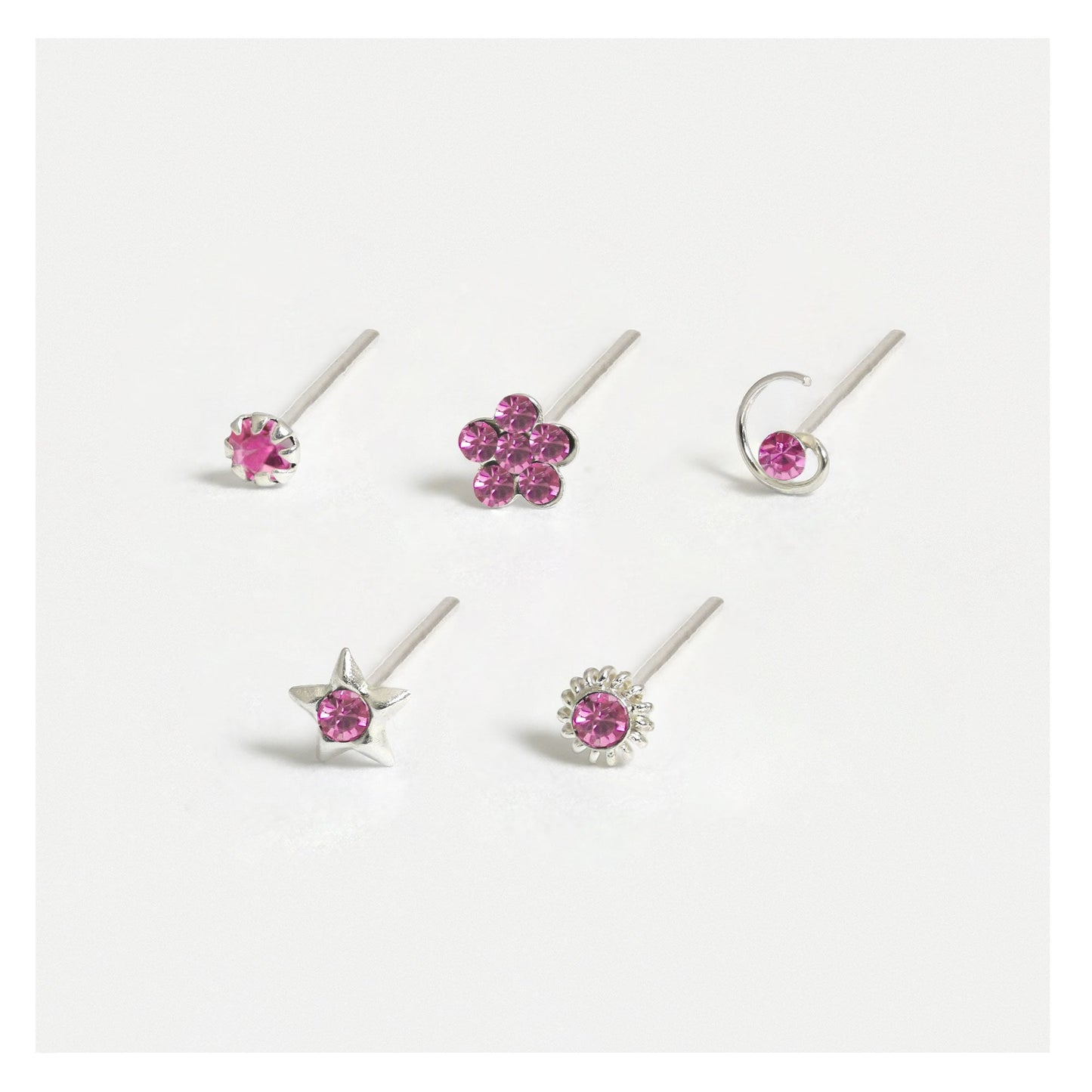 Silver Gemset Nose Pins - Mixed Designs, Straight or Bobble Back (Single Colour Boxes)