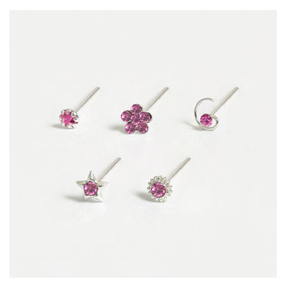 Silver Gemset Nose Pins - Mixed Designs, Straight or Bobble Back (Single Colour Boxes)