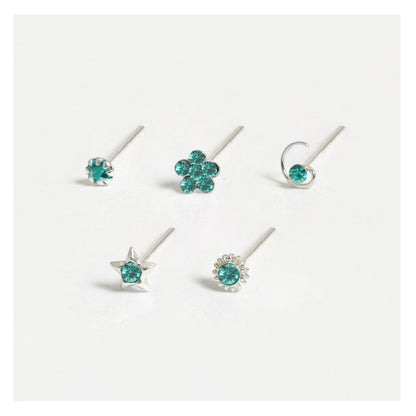 Silver Gemset Nose Pins - Mixed Designs, Straight or Bobble Back (Single Colour Boxes)