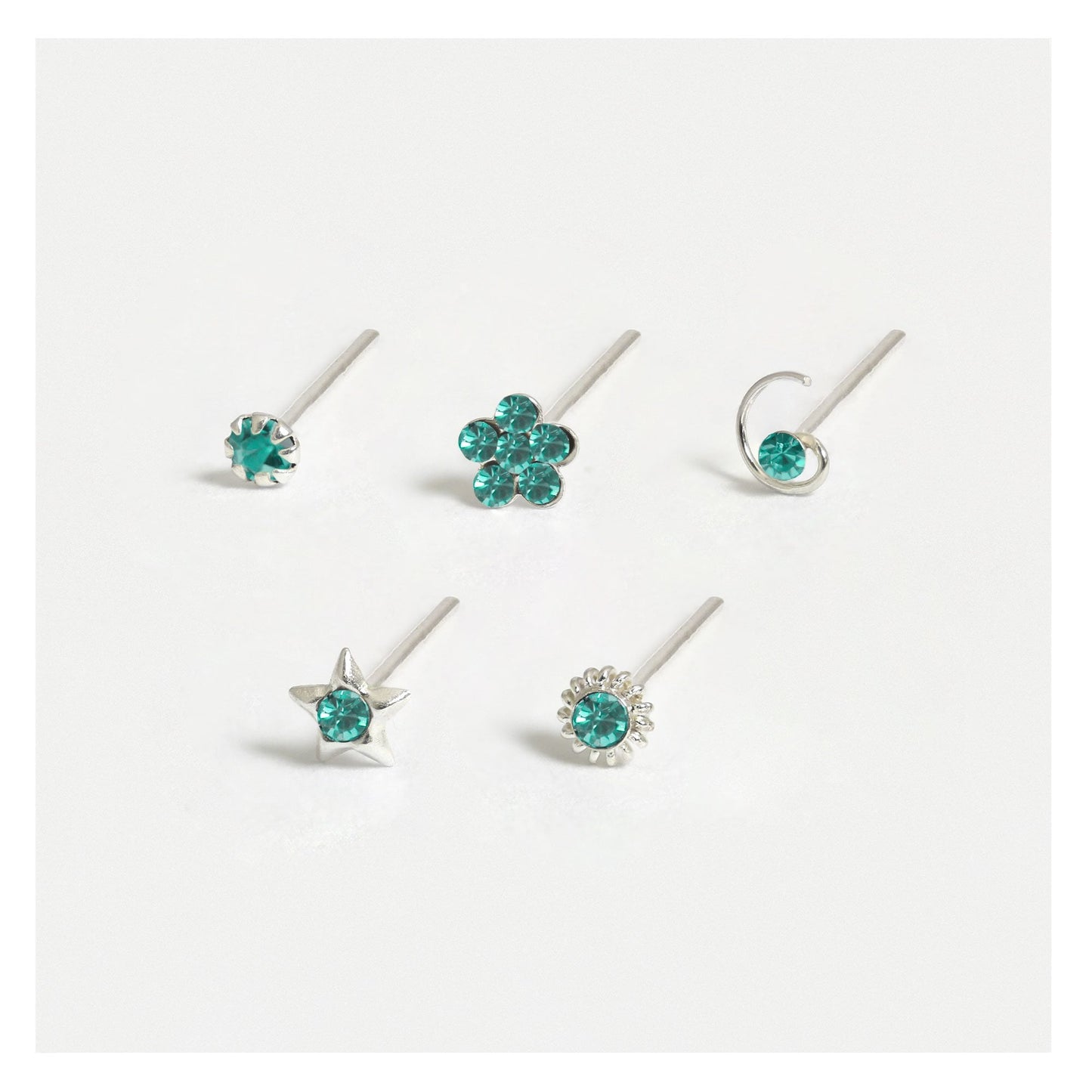 Silver Gemset Nose Pins - Mixed Designs, Straight or Bobble Back (Single Colour Boxes)