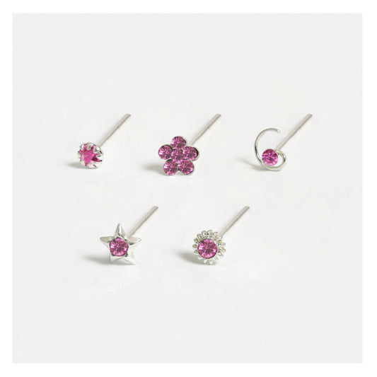 Silver Gemset Nose Pins - Mixed Designs, Straight or Bobble Back (Single Colour Boxes)