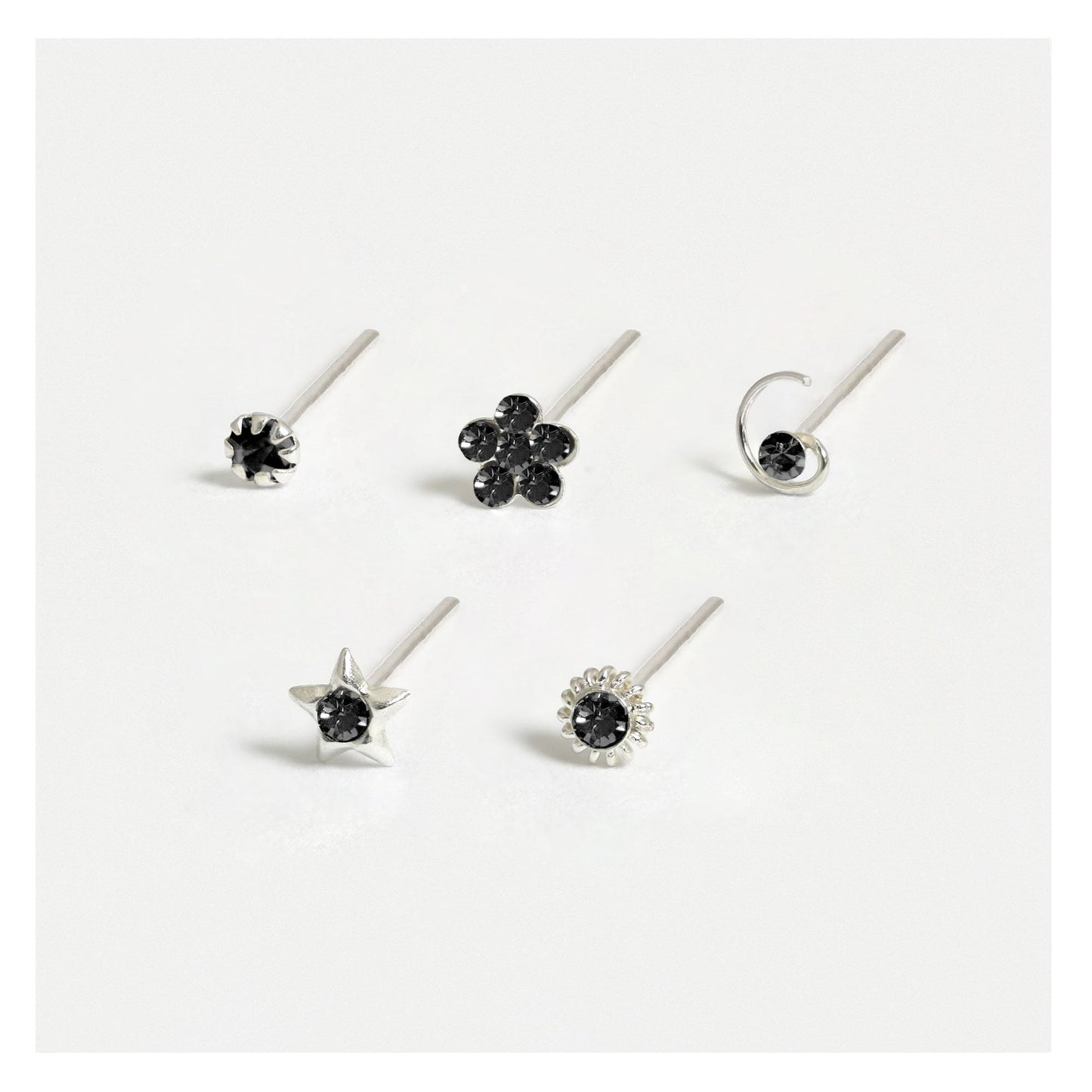 Silver Gemset Nose Pins - Mixed Designs, Straight or Bobble Back (Single Colour Boxes)
