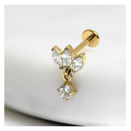 Gold PVD Titanium Marquise Clawset Labret with Drop