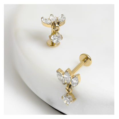 Gold PVD Titanium Marquise Clawset Labret with Drop