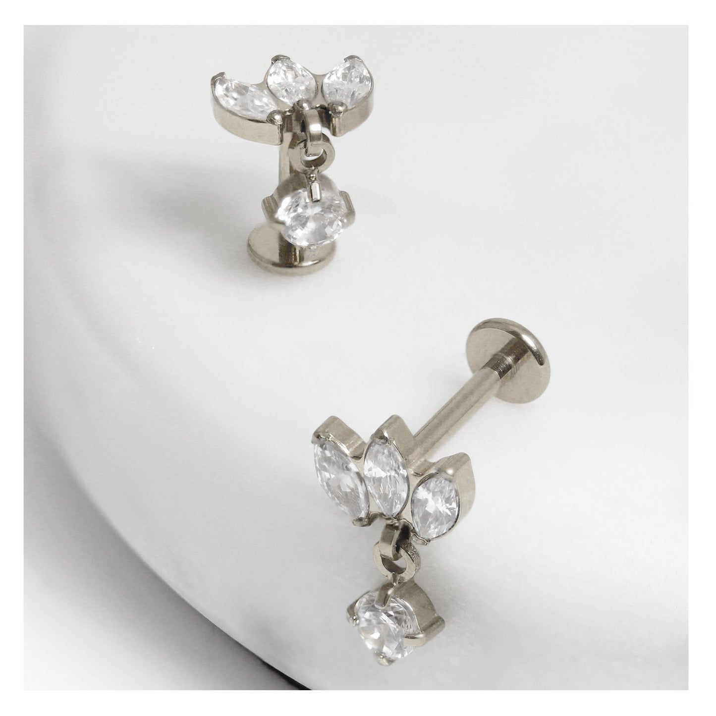 Titanium Triple Marquise Claw set Labret with CZ Drop - 1.2mm - Internally Threaded