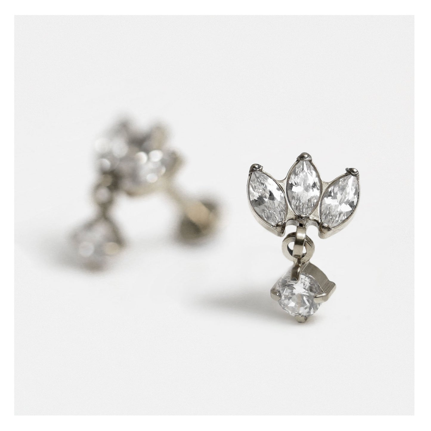 Titanium Triple Marquise Claw set Labret with CZ Drop - 1.2mm - Internally Threaded