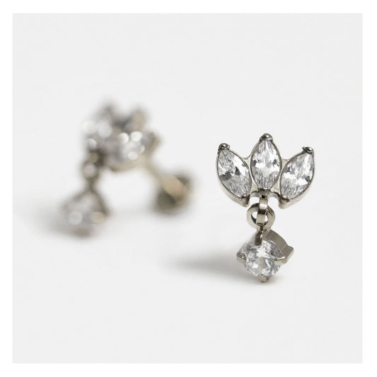 Titanium Triple Marquise Claw set Labret with CZ Drop - 1.2mm - Internally Threaded