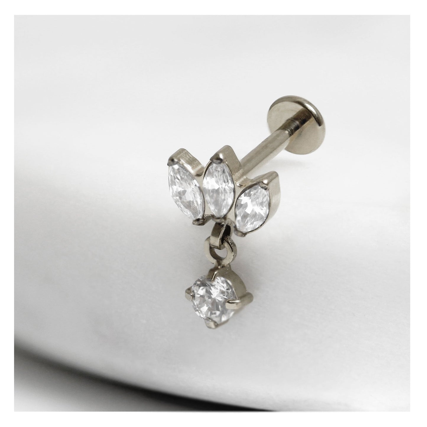 Titanium Triple Marquise Claw set Labret with CZ Drop - 1.2mm - Internally Threaded