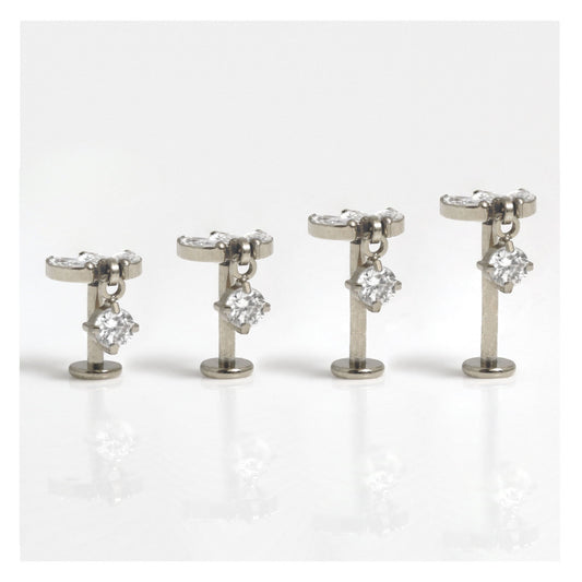 Titanium Triple Marquise Claw set Labret with CZ Drop - 1.2mm - Internally Threaded