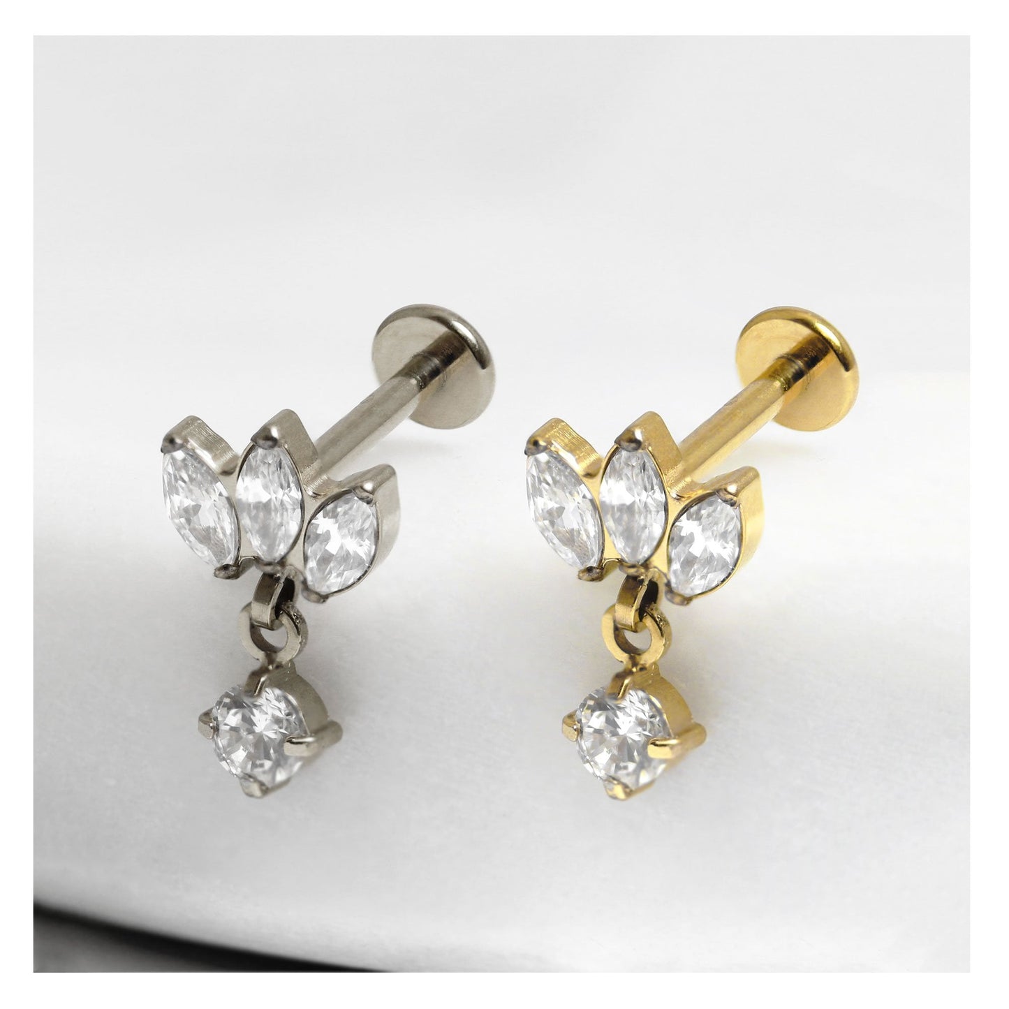 Titanium Triple Marquise Claw set Labret with CZ Drop - 1.2mm - Internally Threaded